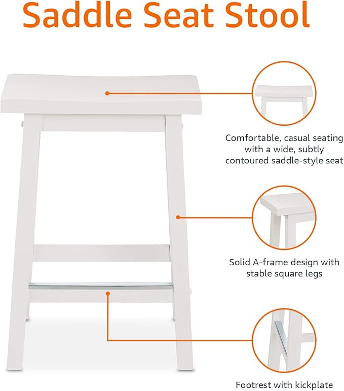 Basics Solid Wood Saddle-Seat Counter Height Bar Stools for Kitchen Island with Footrest, Sturdy Construction, 24-Inch Height, White, Set of 2