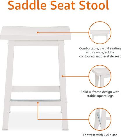 Basics Solid Wood Saddle-Seat Counter Height Bar Stools for Kitchen Island with Footrest, Sturdy Construction, 24-Inch Height, White, Set of 2