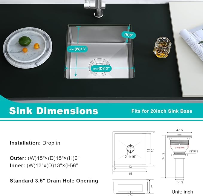 15 Inch Undermount Single Bowl Kitchen Sink, 18 Gauge 304 Stainless Steel Mini Bar Sink for Compact Kitchen & RV with X-Drain Groove & Noise Absorbing Pads,D15"xW15"xH6"
