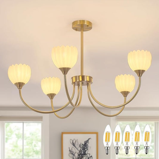 Shenmoyl 30.31" Brass Gold Chandelier, 5-Light Chandelier Light with White Tulip Glass Lampshade, Height Adjustable Vintage Chandeliers for Dining Room Living Room Kitchen Island
