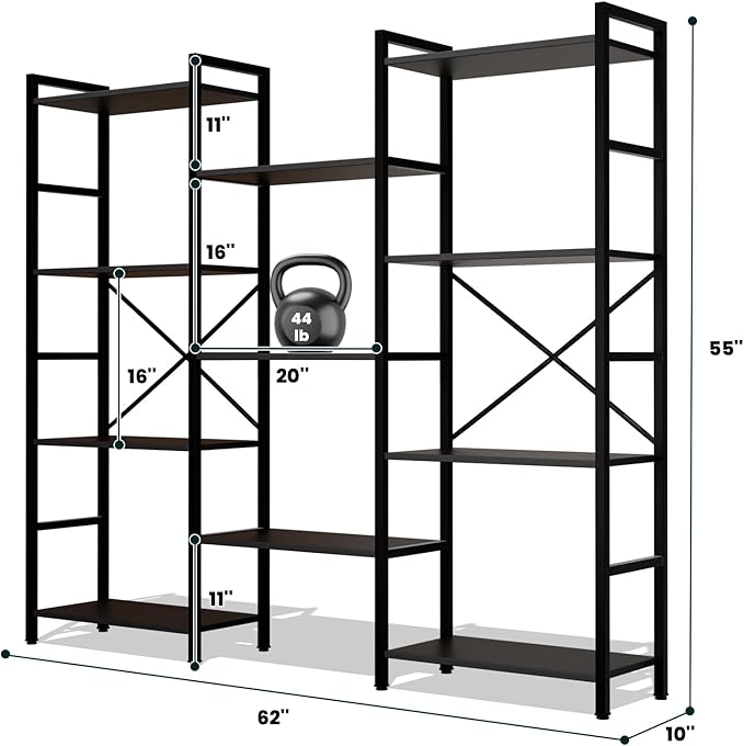 GRUSIGN Triple 4 Tier Book Shelf, Modern Bookcase Shelf, Freestanding Large Display Shelves for Living Room/Office/Garage, Stable Large Bookshelf with Storage for Books/LEGO/Plants, Black