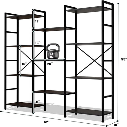 GRUSIGN Triple 4 Tier Book Shelf, Modern Bookcase Shelf, Freestanding Large Display Shelves for Living Room/Office/Garage, Stable Large Bookshelf with Storage for Books/LEGO/Plants, Black