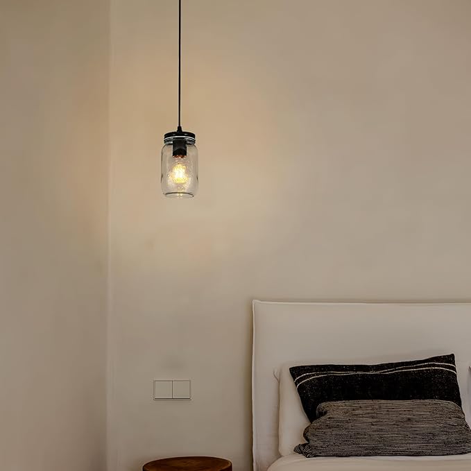 Glass Pendant Lights Kitchen Island, 1-Light Black Pendant Light Fixtures with Mason Jar Clear Glass Shade, Farmhouse Hanging Light for Kitchen Sink Dining Room Bedroom Hallway