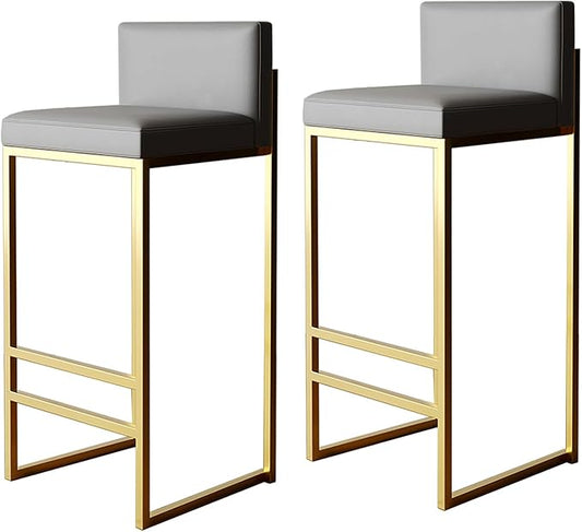 Height Stools of 4, Upholstered stools with Back, Armless Chairs for Kitchen Island, PU Leather Seat, Black/Gold Metal Legs, 65cm, Grey (Grey+Gold 2 Pcs)