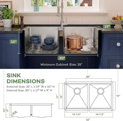 LQS Kitchen Sink Stainless Steel, Undermount Kitchen Sink 32 Inch, 50/50 Double Bowl True 16 Gauge Stainless Steel Handmade with Abundant Accessories, R10 Round Corner and 10” Depth for Large Kitchen