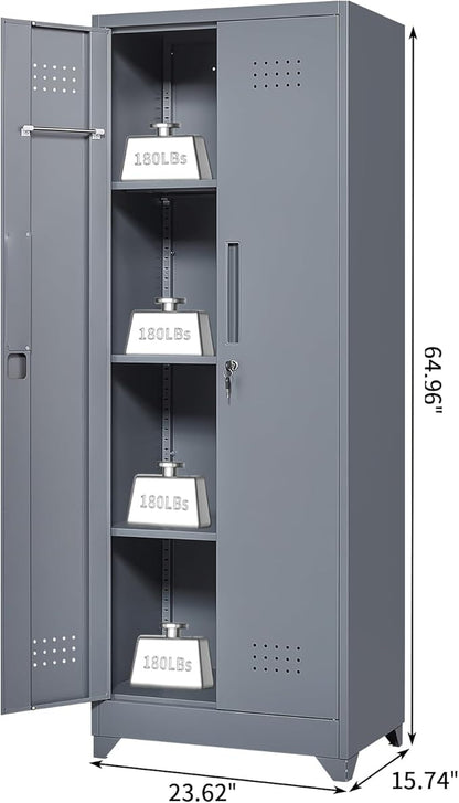 Broom Closet Storage Cabinet, Steel Locking Cabinet with Hanging Rod, 65" Cleaning Storage with Doors and Hooks, Tall Broom Tool Cabinets for Office, Garage