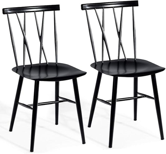 COSTWAY Dining Chair Set of 2, Farmhouse Windsor Chairs Dining Room Chairs with Spindle Back and Sturdy Metal Construction, Kitchen Side Chair for Living Room Restaurant, Black (Height 17'')