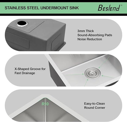 36 Undermount Kitchen Sink - Beslend 36x19 Inch Undermount Stainless Steel Kitchen Sink 16 Gauge Single Bowl Round Corner Single Dish Basin Under Counter Basin, Sink Only