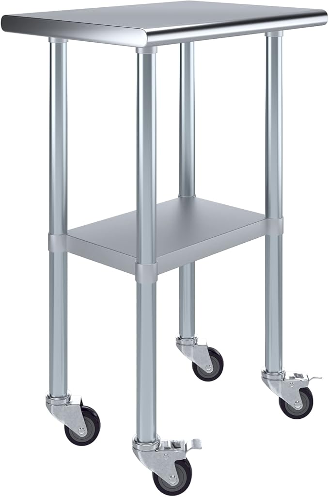 Stainless Steel Work Table with Wheels | NSF Kitchen Island Food Prep | Laundry Garage Utility Bench (Table + Wheels, 24" Long x 18" Deep)