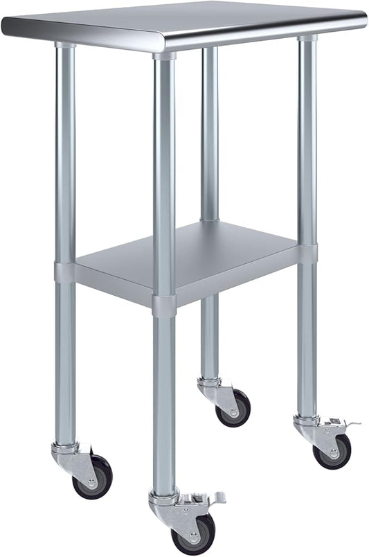 Stainless Steel Work Table with Wheels | NSF Kitchen Island Food Prep | Laundry Garage Utility Bench (Table + Wheels, 24" Long x 18" Deep)