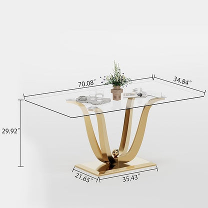 70" Glass Dining Table for 6-8, Modern Dining Room Table with 0.39" Tempered Glass Top and Dual U-Shaped Gold Stainless Steel Base, Rectangle Kitchen Dinner Table for Dining Room
