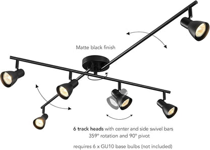 GLOBE Electric 64000168 51" 6-Light Adjustable Track Lighting, Matte Black, Center Swivel Bar, Moveable Outer Bars, Pivoting Track Heads, Ceiling Light, Home Improvement