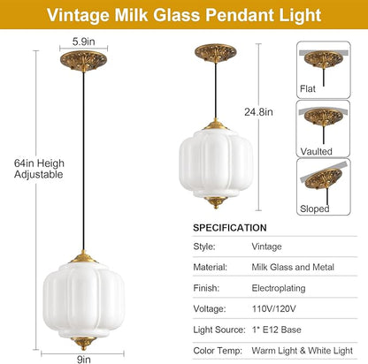 Milk Glass Pendant Light, 9in Medium Schoolhouse Light Fixture, LED Bulb Included, Vintage Art Deco Chandelier for Kitchen Island Dining Room Bedroom Hallway, White & Antique Gold 1 Pack