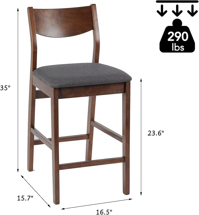 Counter Height Bar Stool Set of 2, Solid Wood Counter Height Chairs with Back, Mid-Century Upholstered Dining Chair with 24 Inches Seat Height, Kitchen, Dining Room, Brown