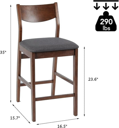 Counter Height Bar Stool Set of 2, Solid Wood Counter Height Chairs with Back, Mid-Century Upholstered Dining Chair with 24 Inches Seat Height, Kitchen, Dining Room, Brown