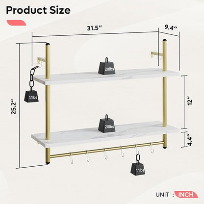 Bestier Floating Shelving 31" Kitchen Wall - Mounted Shelf with Towel Bar Hooks Coffee Bar Shelf Wine Hanging Display Rack Bookshelf Living Room Decor Bathroom - White Marble