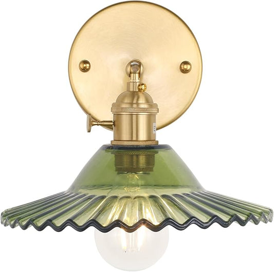 Shenmoyl Vintage Wall Sconces with Green Lotus Glass Lampshade 180 Degree Adjustable Brass Sconces Hradwired Modern Wall Lighting Fixture with Switch for Bedside Bedroom Doorway
