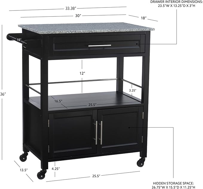 Linon Cameron Granite Top Kitchen Cart, 36.02" x 24.02" x 17.99", Black