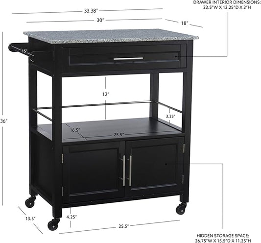 Linon Cameron Granite Top Kitchen Cart, 36.02" x 24.02" x 17.99", Black