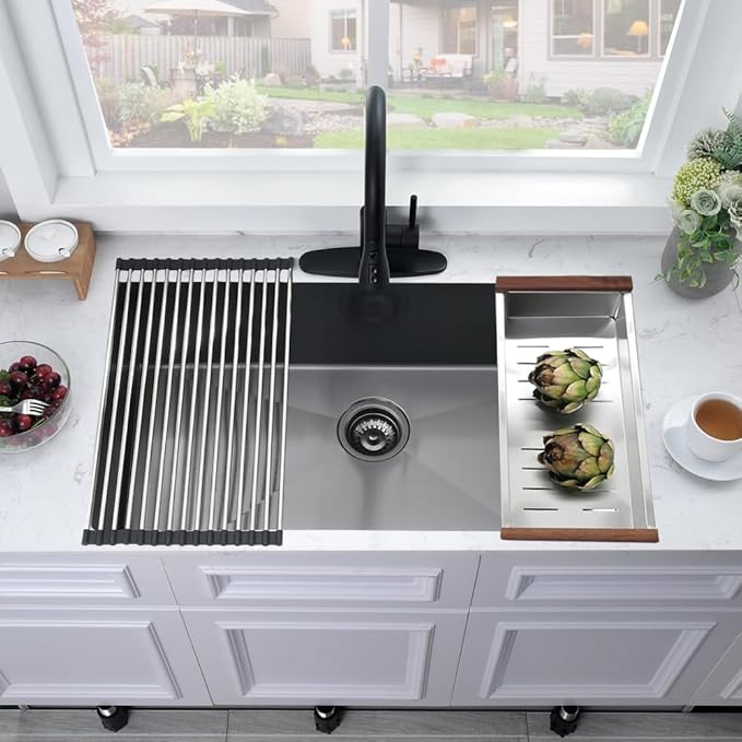 27 Inch Black Undermount Sink -Bokaiya 27x19 Undermount Kitchen Sink Deep Single Bowl Stainless Steel Black Kitchen Sink with Colander