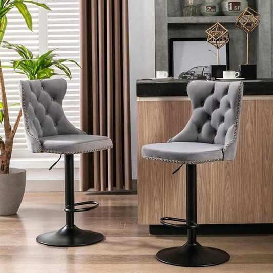17.7 inch Base, Modern Upholstered Bar Stools with Backs Comfortable Tufted for Home Pub and Kitchen Island,Gray,Set of 2 (Gray + Velvet + Foam-4)