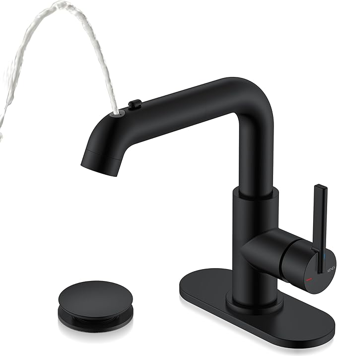 KENES Matte Black Bathroom Faucet with Pull Down Sprayer, Single Handle Bathroom Sink Faucet with Pull Out Sprayer, Vanity Bar Faucet with Pop Up Drain & Deck Plate, LJ-9055A-2