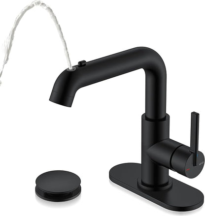 KENES Matte Black Bathroom Faucet with Pull Down Sprayer, Single Handle Bathroom Sink Faucet with Pull Out Sprayer, Vanity Bar Faucet with Pop Up Drain & Deck Plate, LJ-9055A-2