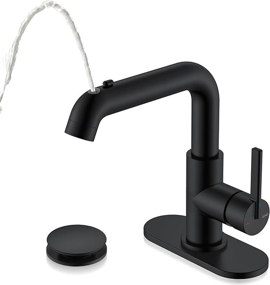 KENES Matte Black Bathroom Faucet with Pull Down Sprayer, Single Handle Bathroom Sink Faucet with Pull Out Sprayer, Vanity Bar Faucet with Pop Up Drain & Deck Plate, LJ-9055A-2