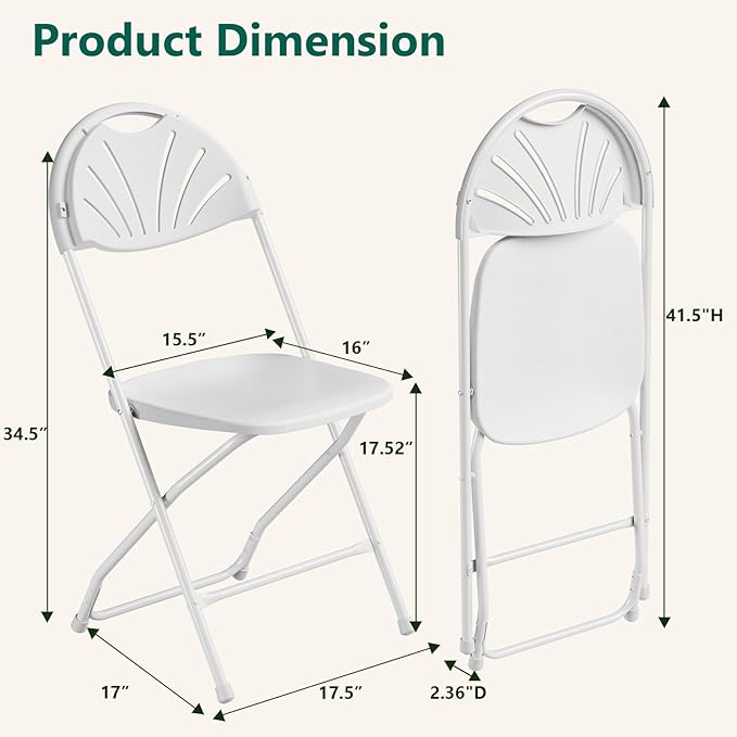 2 Pack White Plastic Folding Chairs, Outdoor Portable Folding Chair with Steel Frame, 400lbs Capacity Stackable Foldable Chairs for Patio, Garden, Picnic, Kitchen, Events
