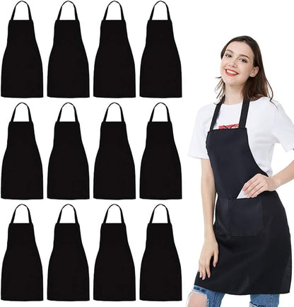 NOBONDO 12 Pack Bib Apron - Unisex Black Apron Bulk with 2 Roomy Pockets Machine Washable for Kitchen Crafting BBQ Drawing