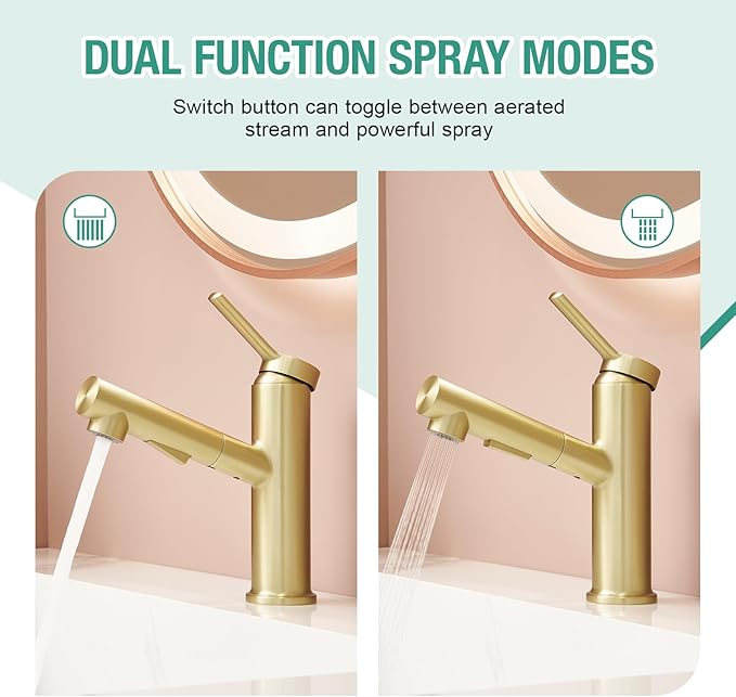 Faustina Light Gold Bathroom Faucet with Pull Out Sprayer, Gold Vanity Faucet for Bathroom or Laundry, Stainless Steel Single Handle with Deck Plate for 1 or 3 Hole, Brushed Finish
