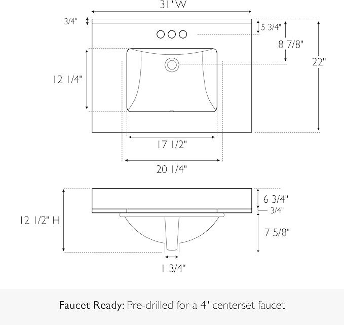 Design House Calesco Calacatta Quartz Bathroom Vanity Top, White with Taupe and Grey Veining, Pre-Mounted White Bowl, 31 in L x 22 in W x 12.5 in H, with Backsplash, 4 in Center Set, 227900-CC-CC