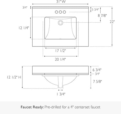 Design House Calesco Calacatta Quartz Bathroom Vanity Top, White with Taupe and Grey Veining, Pre-Mounted White Bowl, 31 in L x 22 in W x 12.5 in H, with Backsplash, 4 in Center Set, 227900-CC-CC