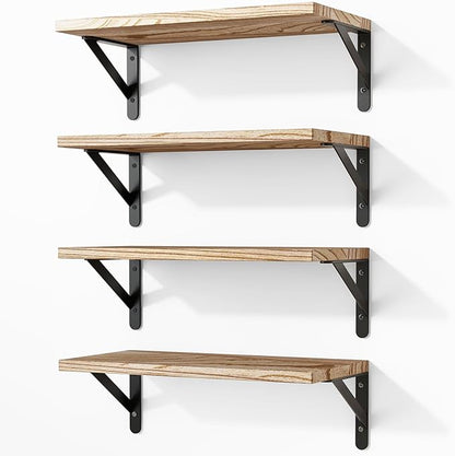 Fixwal Floating Shelves for Wall, Wood Wall Mounted Shelves for Bedroom, Bathroom, Living Room, Kitchen Storage and Decor(Rustic Brown, Set of 4, 16.5 Inch)