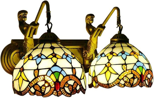 Tiffany Wall Sconce Lighting with Mermaid 2-Light Antique Wall Light Fixture Stained Glass Bowl Shade Bronze Finish Retro Vintage Wall Lamp for Bedroom Hallway Stairway Balcony Bathroom (Yellow)