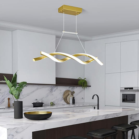 Modern Kitchen Pendant Light Over Island Gold LED Pendant Lights 6000K Adjustable Hanging Light Fixture Wave Shape Chandelier for Dining Room Kitchen Island Restaurant Living Room
