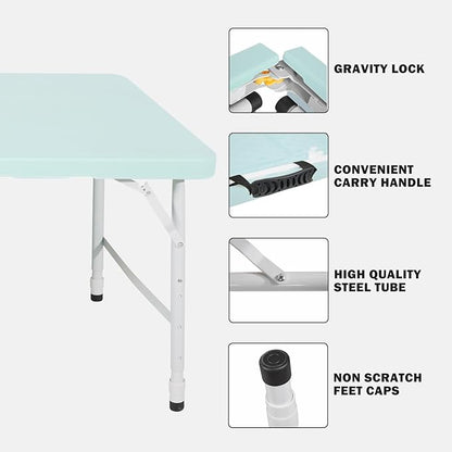 4 FT Folding Table with Carry Handle, Portable Fold-in-Half Plastic Table, Rectangle Foldable Table for Indoor/Outdoor Blue