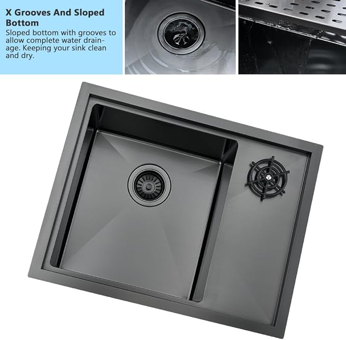 24 Inch Black Undermount Kitchen Sink with Glass Rinser-VASOYO 24x19 Black Kitchen Sink Undermount Workstation Wet Bar Sinks 16 Gauge Deep Single Bowl with Cup Washer