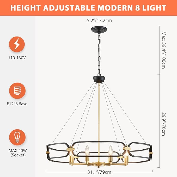 Black and Gold Chandelier, 31" Large 8-Light Industrial Chandeliers for Dining Room, Round Farmhouse Kitchen Pendant Light Fixture for Entryway, Living Room, Bedroom, Foyer