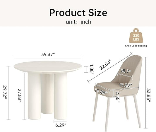 Miuuod 3-Piece Round Dining Room Table Set for 2-4 People,Small Space,Modern Kitchen Table Set with 2 Cushion Chairs,Center Coffee Table for Balcony,White