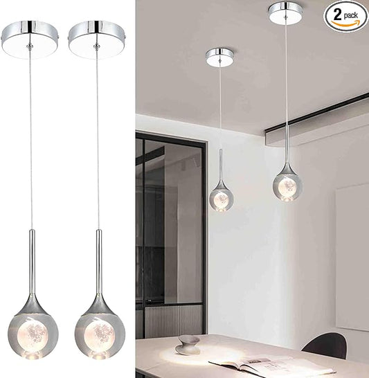 2 Pack Modern Crystal Moon Pendant Lights, Dimmable Natural White (3000K) LED Hanging Light Fixture for Kitchen Island Dining Room Bar Bedroom, Chrome Finish