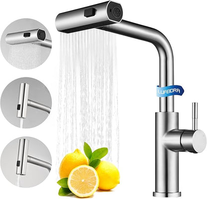 Kitchen Faucet with Pull Down Sprayer, Waterfall Single Hole Single Handle Sink Faucets with Pull-Down Sprayer for RV Kitchen Camper, Brushed Nickel Waterfall