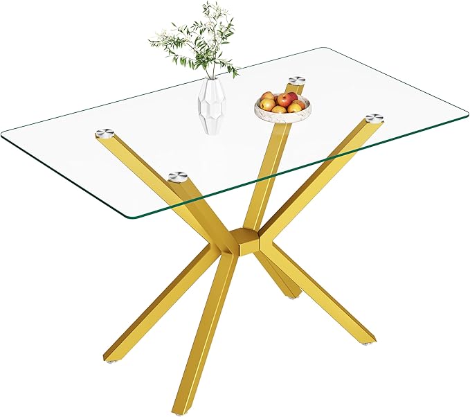 47-Inch Modern Dining Table for 4 - Small Gold Kitchen Table With 0.32" Rectangular Tempered Glass Top and Gold Metal Legs - Clear Glass for Dining Room