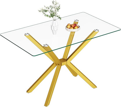 47-Inch Modern Dining Table for 4 - Small Gold Kitchen Table With 0.32" Rectangular Tempered Glass Top and Gold Metal Legs - Clear Glass for Dining Room
