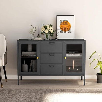 Anthracite Steel Sideboard, 41.3"x13.8"x27.6" Tempered Glass Buffet Cabinet with Drawers, Modern Storage for Kitchen, Living Room Kitchen Furnitur