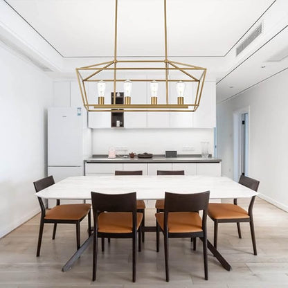 BONLICHT Modern 4 Light Farmhouse Chandelier Gold Linear Kitchen Island Pendant Light Traditional Rectangular Dining Room Lighting Fixture Hanging Metal Cage Pendant Lamp for Hallway Foyer