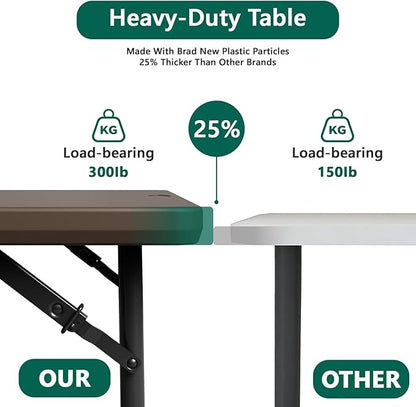 Folding Table 4FT Heavy Duty Plastic Table with Handle, Foldable&Portable, Fold-in-Half Utility Tables for Outdoor, Dining, Wedding, Events, Indoor, Picnic, Camping, Party, Brown