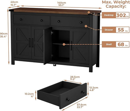 VVFLU 55" Sideboard Buffet Cabinet with Storage, Coffee Bar Cabinet with 2 Drawers and 4 Barn Doors, Long Storage Cabinet Modern Farmhouse, Black Wood, for Kitchen, Dining Room, Living Room