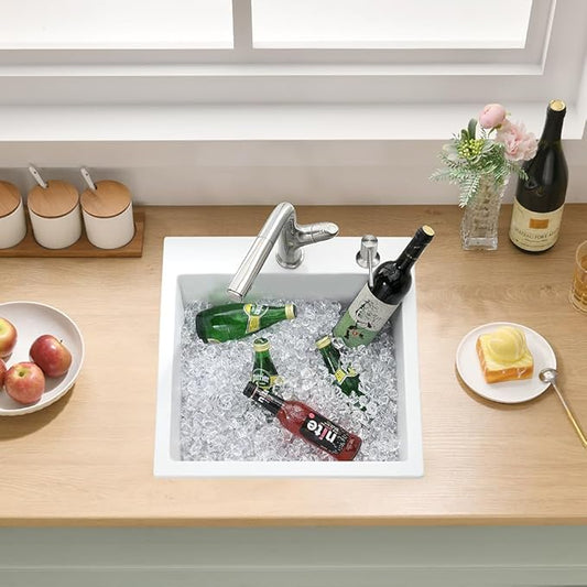 18 Inch Drop In Kitchen Sink, White Granite Composite Drop In Sink Single Bowl Outdoor Quartz Rectangular Top Mount Deep Basin with Small Rubber Squeegee(18 x 19x10)