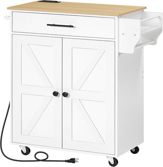 HOOBRO Kitchen Island with Power Outlet, Rolling Kitchen Island with Large Worktop, Kitchen Island Cart with Spice Rack and Drawer, Island Table for Dining Room, White and Natural WN88UZD01